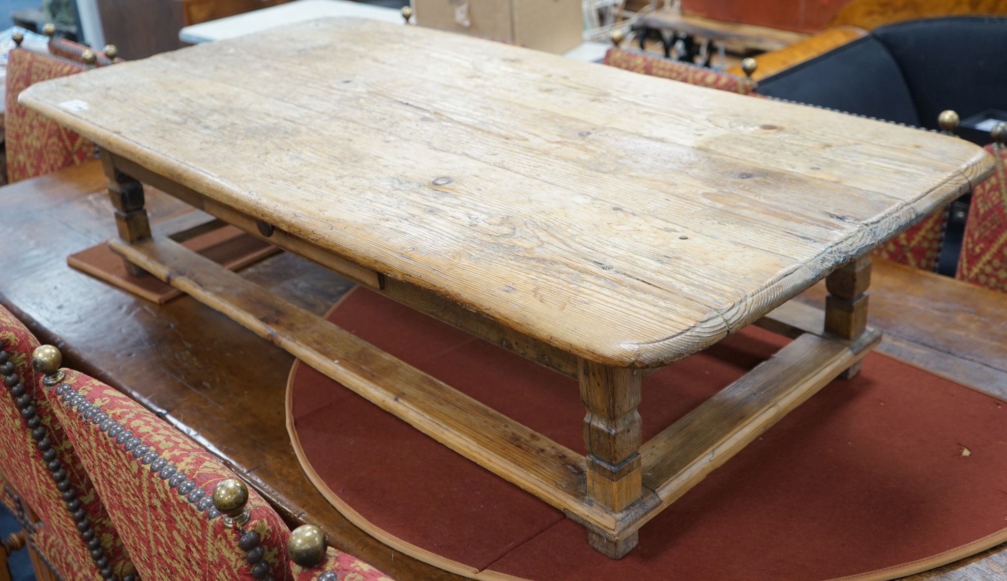 A 19th century and later rectangular pine coffee table fitted drawer, length 140cm, depth 70cm, height 34cm